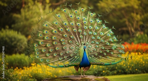 Peacock Resting on Wooden Log Surrounded by Nature