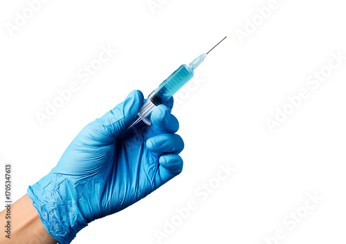 female hand in a blue rubber medical glove holds an insulin syringe isolated on transparent or white background