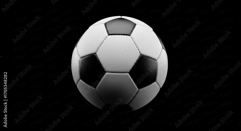 Fototapeta premium Classic black and white soccer ball isolated against a stark black background