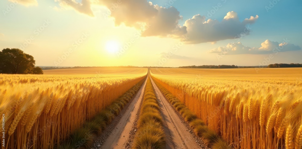 Fototapeta premium Golden wheat field panorama, sunlit country road , crop, country lane