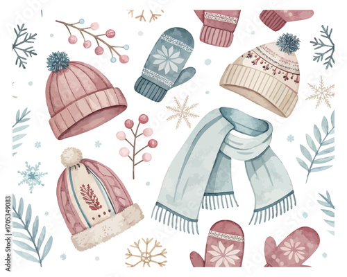 Watercolor seamless pattern with mittens and winter clothes 