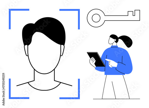 Human face scan framed in blue lines, digital key symbolizing security, professional reading tablet. Ideal for technology, digital security, facial ID, identity verification, access control