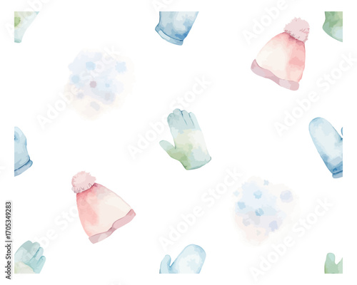 Watercolor seamless pattern with mittens and winter clothes vector illustration