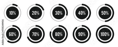Circle loading or circle progress icon symbol collection. Set of progress bar from 0 to 100 percent for business project presentation or web user interface.