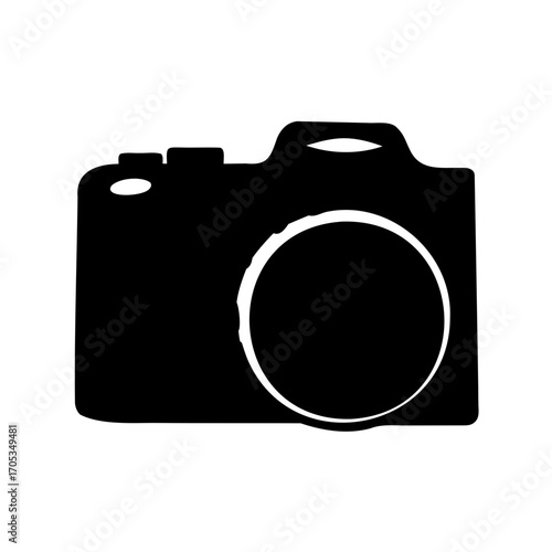 Black and white minimalist digital camera vector icon, photography equipment illustration