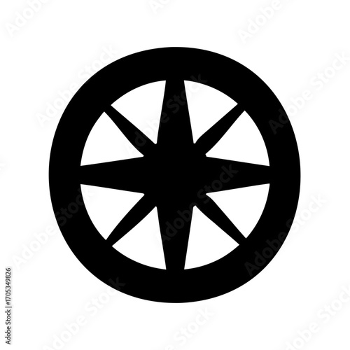 Elegant black circle with symmetrical starburst design on a white background