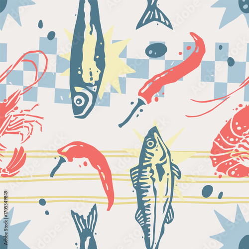 Sardine and Mackerel Silhouettes Seamless Pattern with Red Shrimp Vector Design
