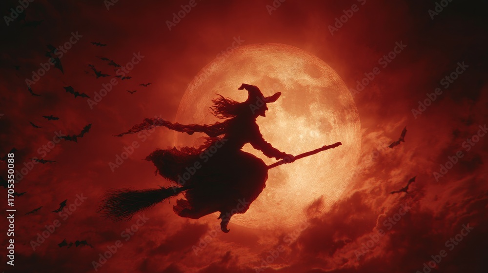 Fototapeta premium Silhouette of witch flying on broomstick against giant red moon with bats