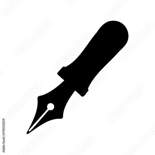 Stylized black and white illustration of a classic calligraphy fountain pen