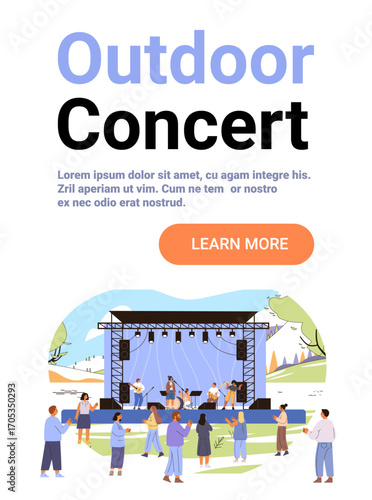 Outdoor concert festival live music stage audience people band performing park event scenic landscape modern website banner