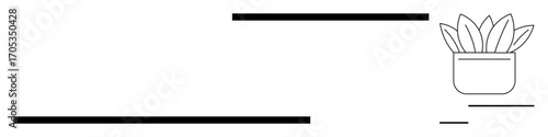 Potted plant with broad leaves sits beside horizontal black lines in a modern, minimal design. Ideal for nature, organization, modernity, growth, simplicity, clean design, and balance in a simple