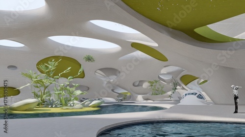 Fototapeta Naklejka Na Ścianę i Meble -  The organic, flowing interior of a futuristic space station with bioluminescent plants.