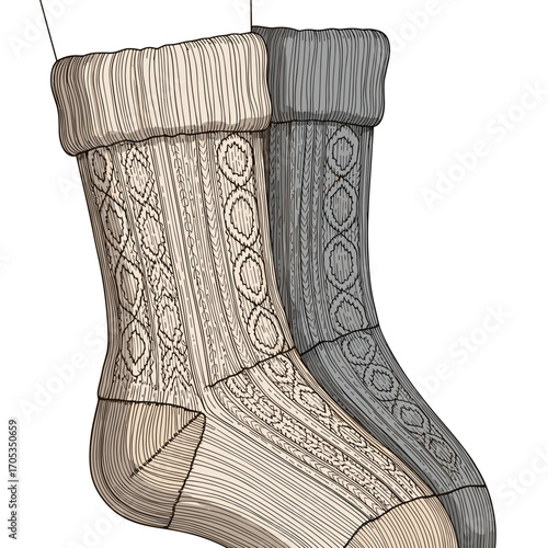 Wool knit winter socks in beige and gray with cable pattern