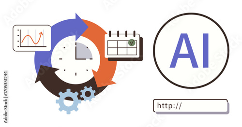 Clock encompassed by arrows, gears, chart, calendar, AI text, and browser bar signifying efficiency, digital transformation, productivity and data-driven decision-making. Ideal for automation AI