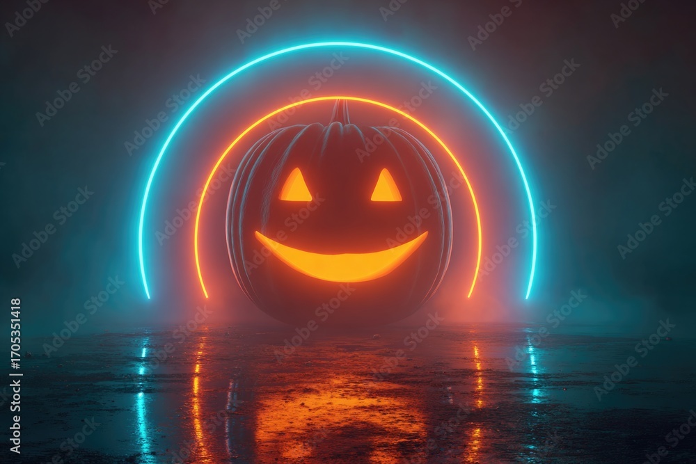Naklejka premium surreal portal shaped like jack-o’-lantern face, glowing neon lights, sci-fi Halloween design