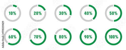 Set of circular sector arc percentage diagrams meters progress bar from 0 to 100. User Interface UI UX or Infographic. Loading indicator colorful progress on white background. Vector illustration