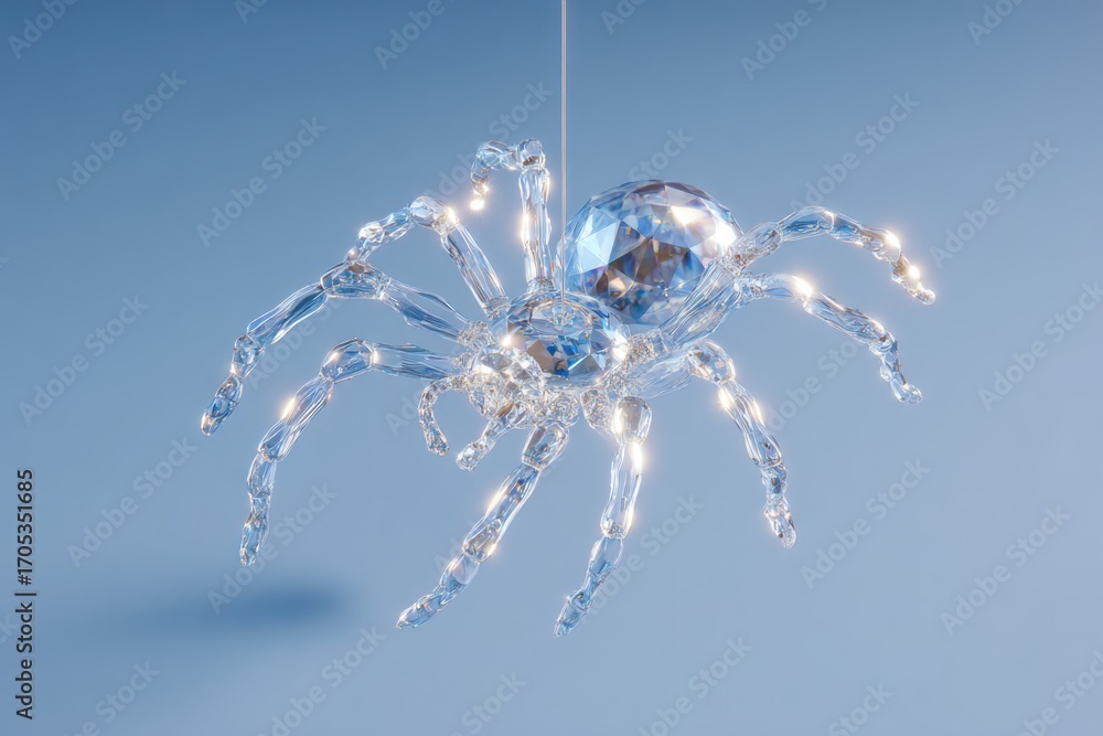 Fototapeta premium surreal glowing spider made of crystal, suspended in clean minimal background