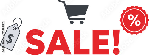SALE Typography with Shopping Cart and Tags - Online Retail and Discount Vector