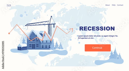 Recession economic crisis graph falling construction crane house winter background world map website banner