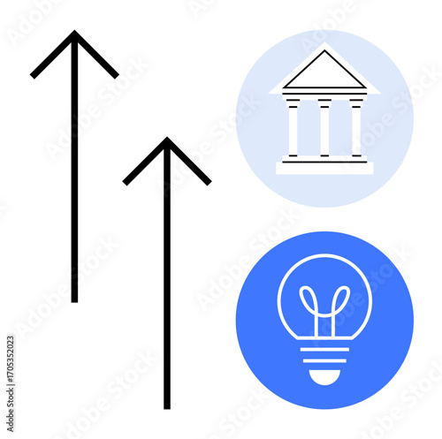Two upward arrows symbolizing growth, classical building for institutions, and light bulb signifying innovation. Ideal for leadership, strategy, success, progress, education, innovation simple