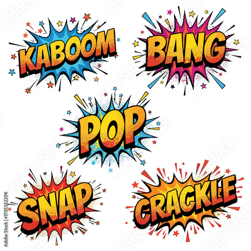 A dynamic collection of retro comic book style speech bubbles and explosive sound effect graphics isolated on a white background