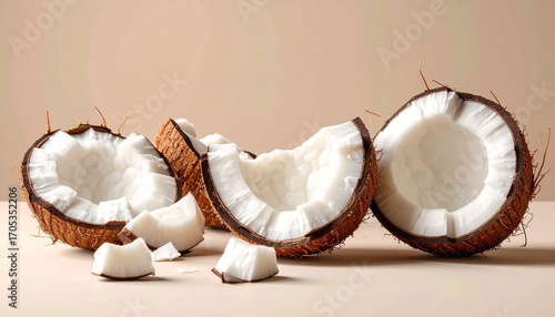 Split coconut pieces with rough brown shells and smooth white flesh arranged on light surface