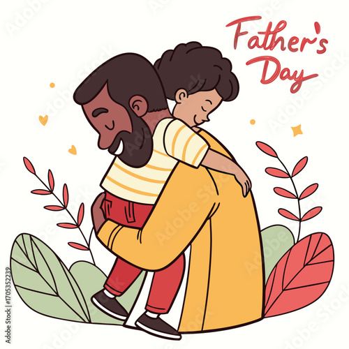 Vector art of a delightful illustration of a father embracing his child, commemorating fathers day with a loving hug, adorned with foliage and hearts on a clean