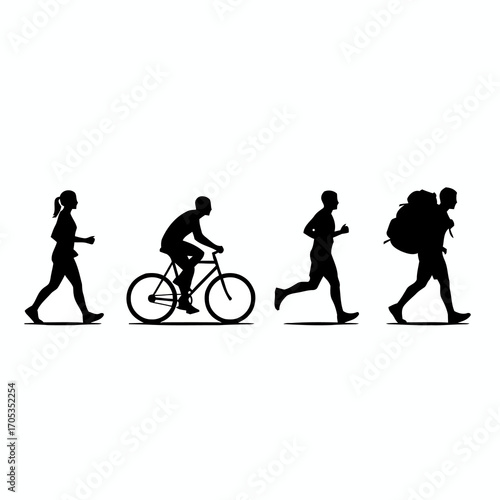 Active lifestyle concept illustration with a collection of silhouettes showing a runner, cyclist, walker, and hiker