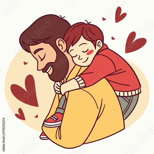 Vector art of a loving father carrying his son on his back, surrounded by hearts, showcasing the bond and affection between them
