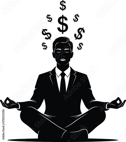 Meditating Businessman with Money Symbols - Financial Wellness and Mindful Investing