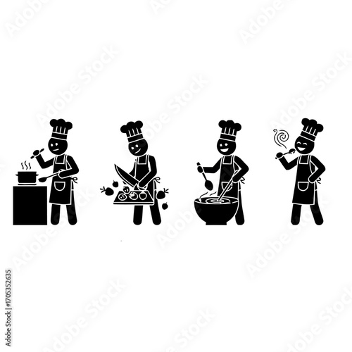 A set of stick figure pictograms illustrating the different stages of cooking, showing a chef preparing a meal from chopping to tasting