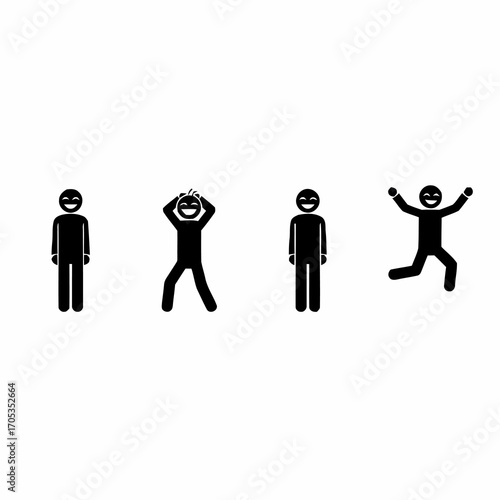 Set of simple black stick figure pictograms showing various positive emotions and active poses like smiling, celebrating, and jumping for joy