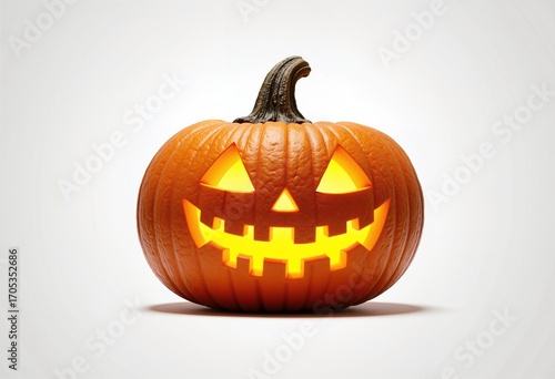 Happy Jack O Lantern halloween pumpkin isolated on white background, copy space