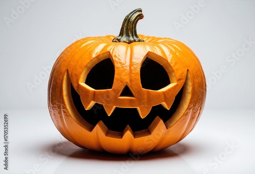 Happy Jack O Lantern halloween pumpkin isolated on white background, copy space