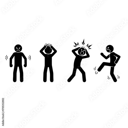 Collection of stick figure icons showing negative human emotions like anger, stress, frustration, and rage. Conceptual vector of a person having a mental breakdown