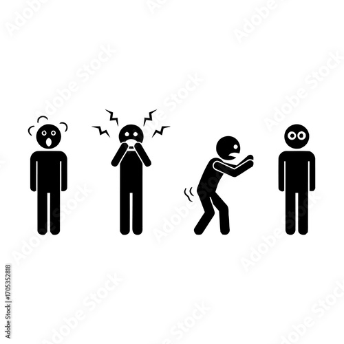 A collection of stick figure pictograms illustrating various human emotions and reactions such as fear, shock, panic, and anxiety
