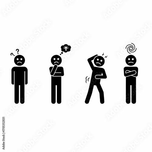 Set of human stick figure pictograms expressing a range of complex negative emotions and psychological states like confusion, frustration, and stress