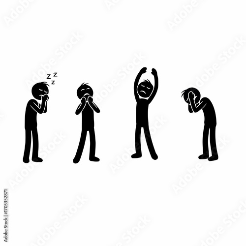 Set of stick figure pictograms illustrating the concept of fatigue, showing a person who is sleepy, yawning, stretching, and exhausted