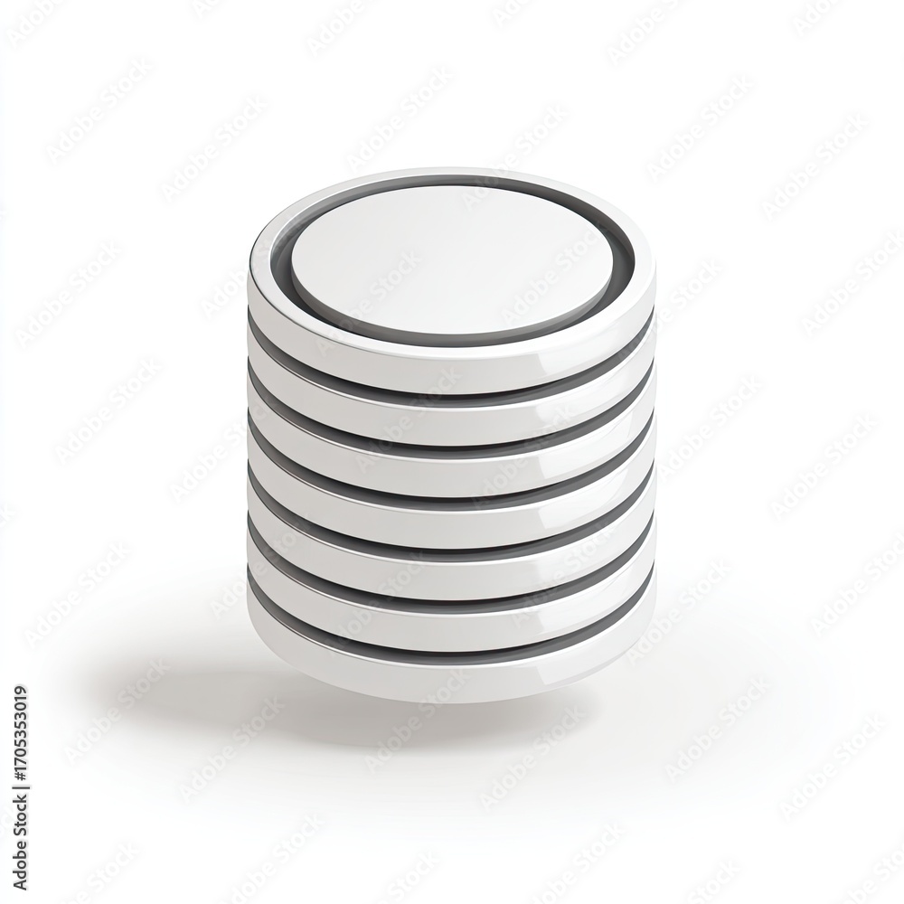 Obraz premium A stack of ten glossy white discs, each with a thin black border, subtly shadowed against a white background, suggesting depth and order