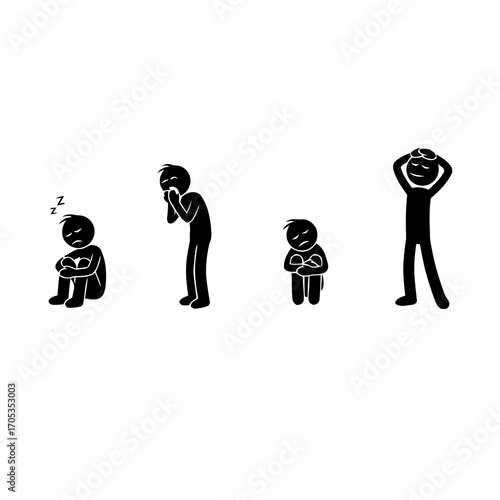 A conceptual set of simple stick figure icons illustrating a range of human emotional states like depression, fatigue, stress, and sadness