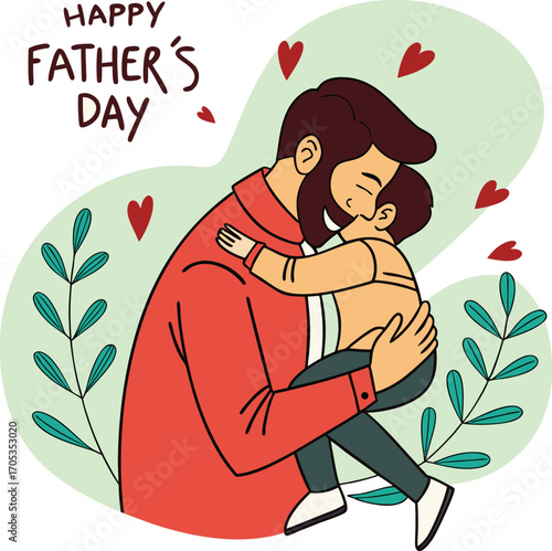 Vector art of a father hugging his son to celebrate fathers day, surrounded by colorful leaves, happy fathers day love and care