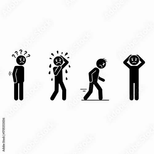 Conceptual stick figure icon set representing psychological distress, including feelings of anxiety, fear, sadness, and overwhelming stress