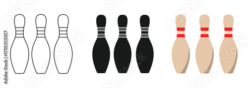 Bowling pins in outline, solid and colored styles