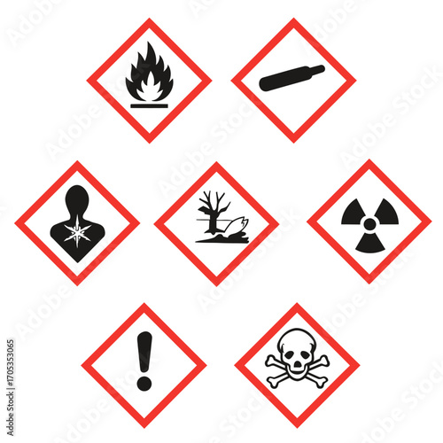 Hazard Symbols Vector Set – Flammable, Toxic, Radioactive, Environmental, Health Risk, Gas Cylinder, Warning – Safety Icons Pack