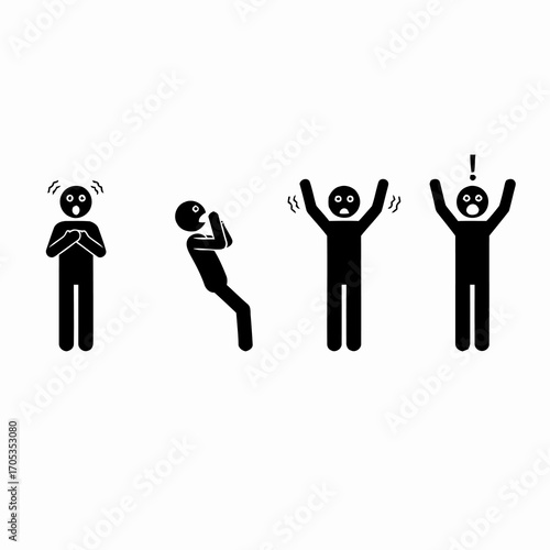 A dynamic set of stick figure icons depicting a range of intense human emotions, from fear and panic to shock and sudden surprise