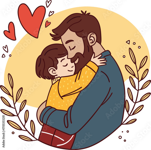 Vector art of a heartwarming illustration of a father embracing his child, surrounded by hearts and foliage, conveying love and warmth