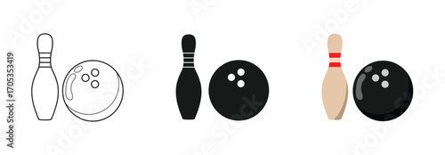 Bowling set design, pins and balls in outline, solid and colored styles