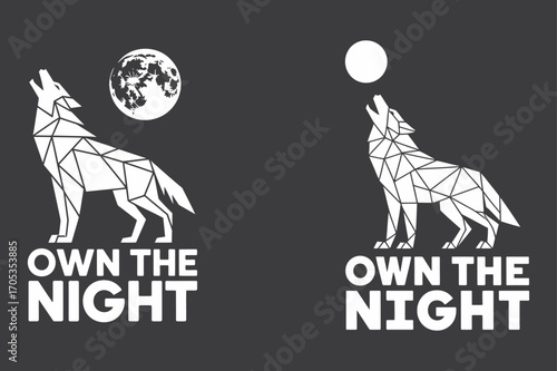 Geometric wolf howling at moon text polygon
