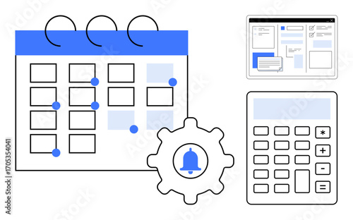 Calendar with marked dates, gear with notification icon, calculator, and digital interface. Ideal for scheduling, reminders, productivity, organization, workflow planning business operations simple
