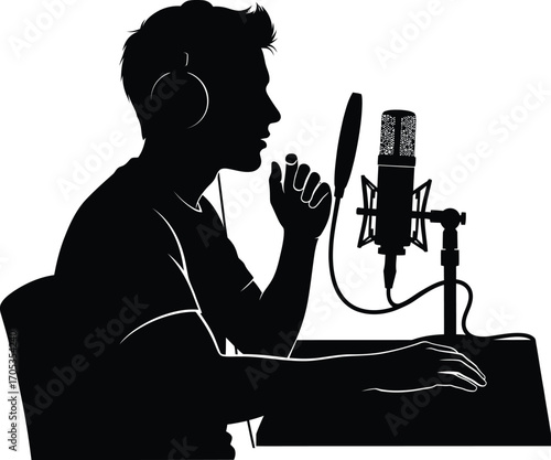 Male Podcaster Radio Host Vector Silhouette with Microphone and Headphones